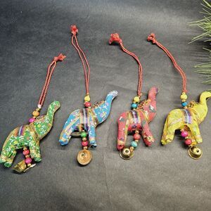 4 Christmas Ornaments Fabric Elephants Wood Beads Bell Vintage? Souvenirs?